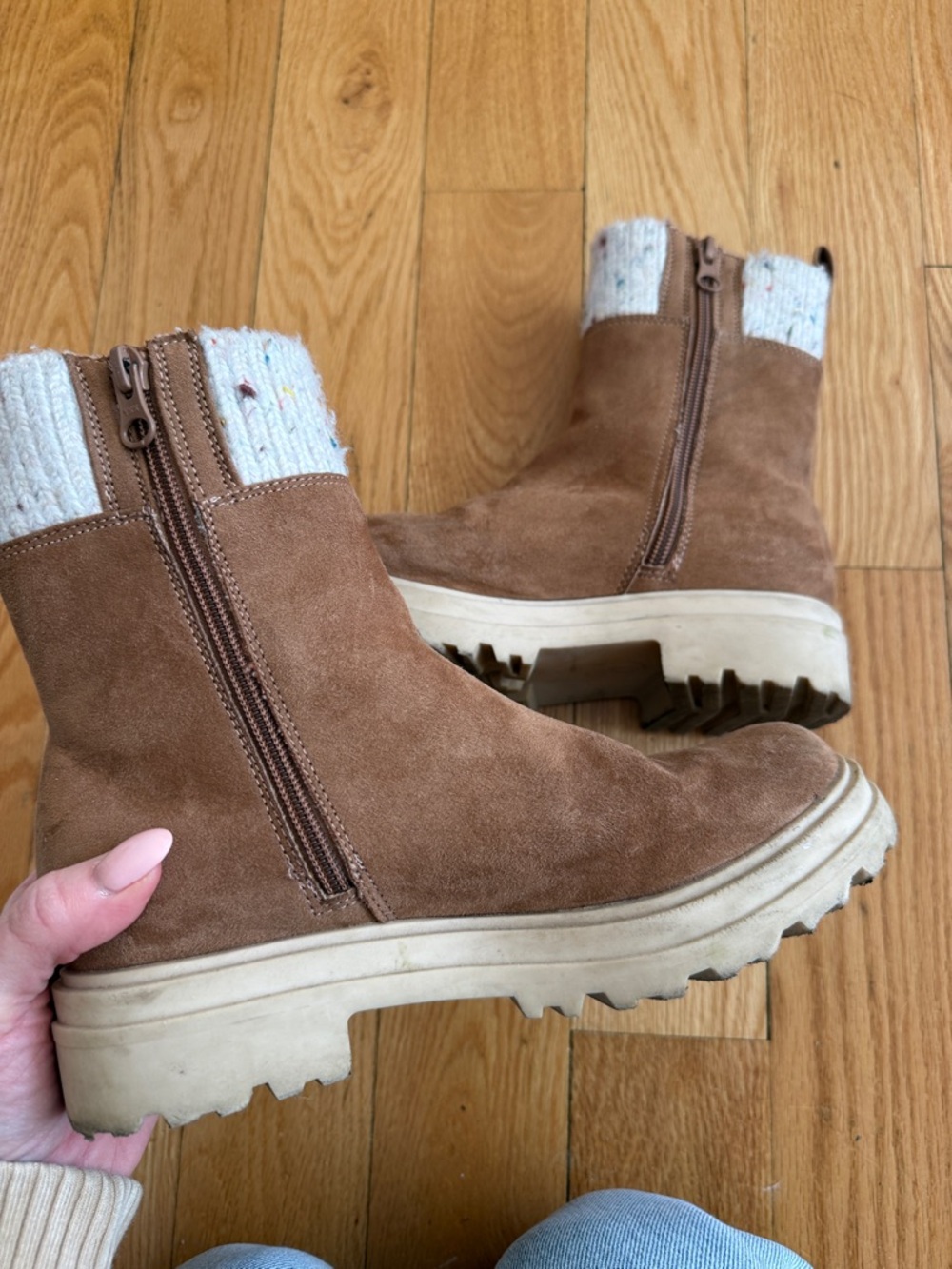 Tan Suede Booties with Speckled Knit Cuffs - Picture 4 of 4